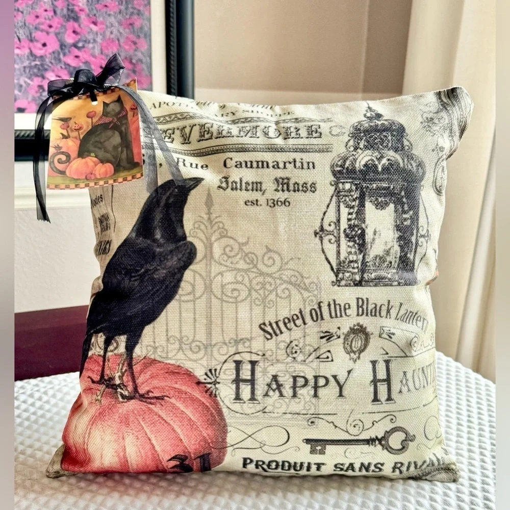 New Rustic Halloween Crow Raven Pumpkin Lantern Decorative Toss Pillow 17” x 17”